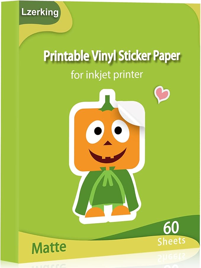 Lzerking Printable Vinyl Sticker Paper for Inkjet Printer - Matte White 60 Sheets Self-Adhesive Waterproof Decal Printable Sticker Paper - Standard Size 8.5x11 Inches