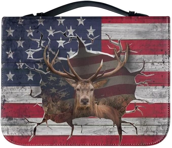 Lotusorchid Reindeer Bible Cover Case, Zippered Bible Carrying Case for Women Girls, Portable American Flag Bible Tote Bag Sturdy Bible Book Cover for Bible Study, Christian Bible Accessories,2XL