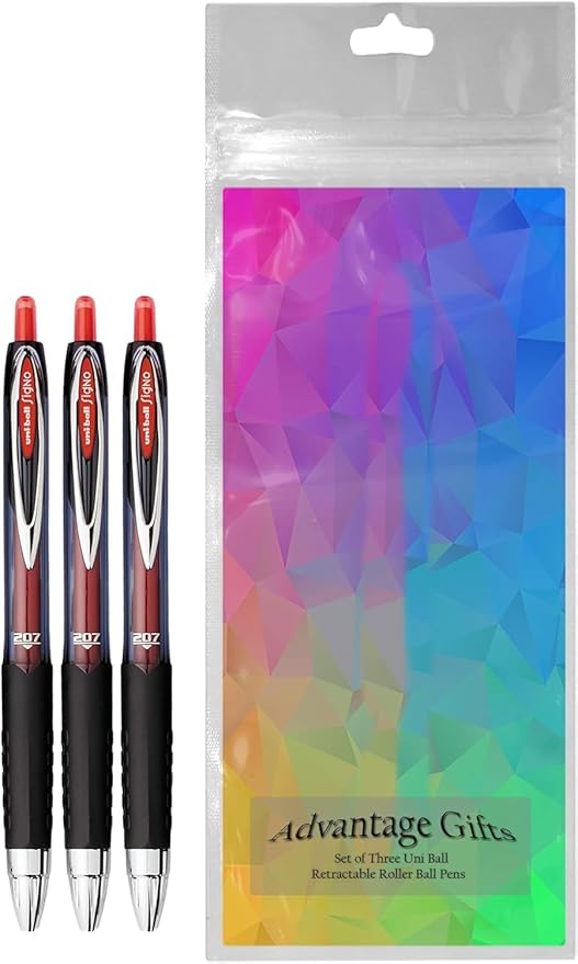 Signo 207 Roller Ball Retractable Gel Pens, Medium Point (0.7mm), Red Ink, 3 Count, Bundle with Plastic Reusable Pouch