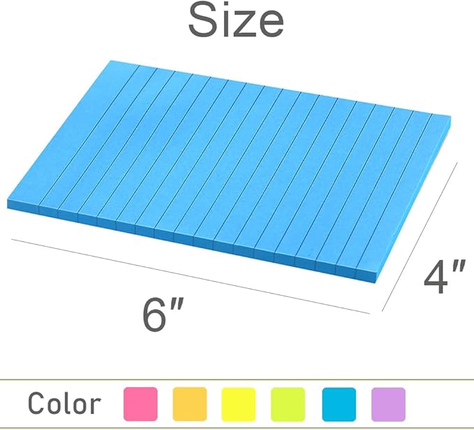Lined Sticky Notes 4X6 in Bright Ruled Post Stickies Colorful Super Sticking Power Memo Pads, 45 Sheets/pad, 6 Pads/Pack