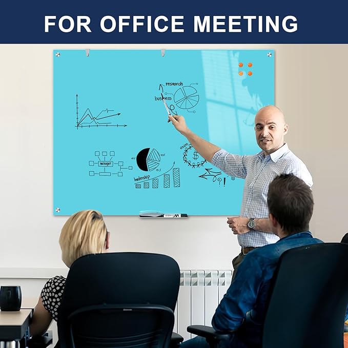 TSJ OFFICE Glass Dry-Erase Board - 48 x 36 Inches Wall Mounted Magnetic Whiteboard, Large Frameless Glass White Board for Office, Home & School, Blue