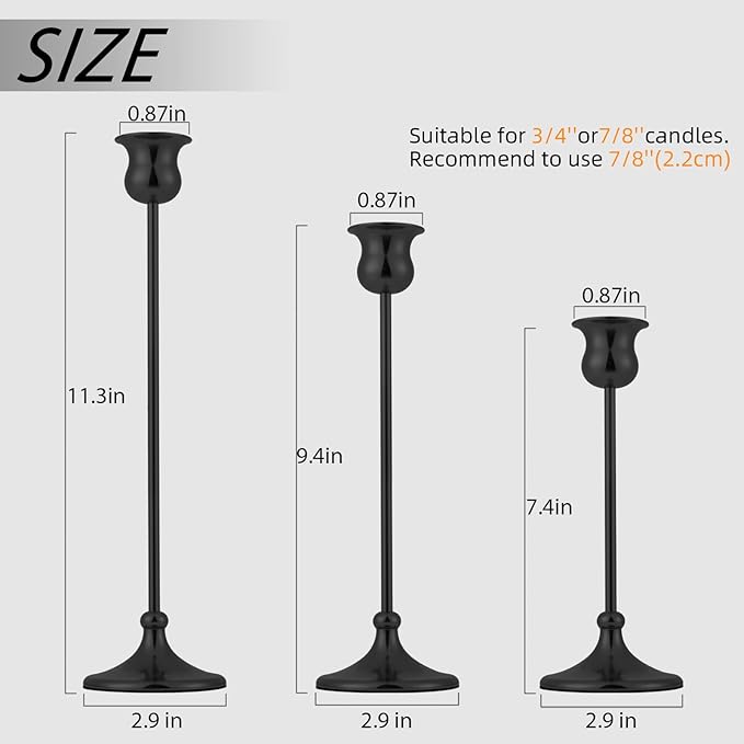 Metal Candle Holder Taper Candlestick Holders for Candle Sticks Vintage Candelabra for Halloween Thanksgiving Christmas (Matt Black, 2 Sets (6 pcs))