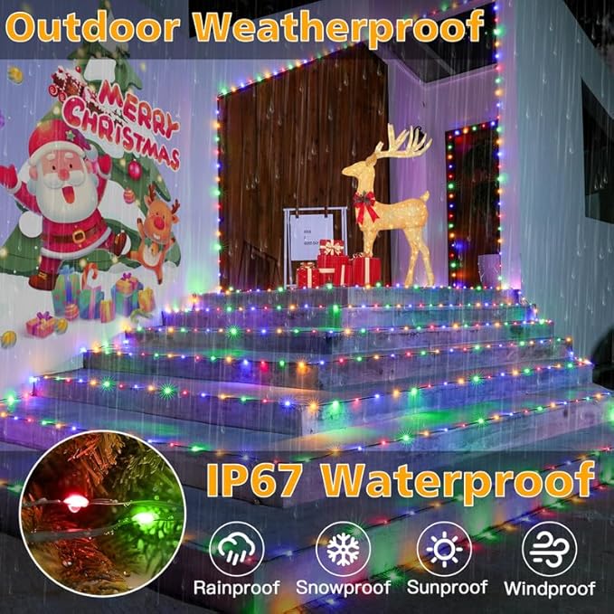 Ollny Christmas Lights Outdoor, 393FT 1200 LED IP67 Waterproof Christmas Tree Lights with 8 Modes Remote Timer, String Lights for House Yard Outside Indoor Xmas Decorations Multicolor