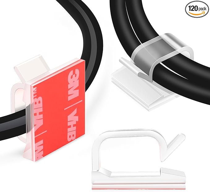 120PCS XHF Adhesive Cable Wire Clips Clear, Cable Holder Staples Outdoor Cable Management Wire Organizer Cord for Under Desk, Car, Wall, TV PC Ethernet Cable