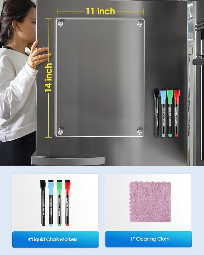 MaxGear 11"x14" Acrylic Dry Erase Board, Small Clear Magnetic Fridge WhiteBoard Mini Acrylic Memo Notepad for Refridgerator, Kitchen Menu Board Meal Planner Schedule Board, Include 4 Markers, 1 Cloth