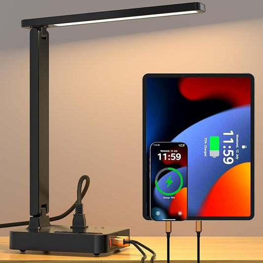 COZOO LED Desk Lamp with 3 USB Charging Ports,2 AC Outlet,3 Color Modes 3 Brightness Levels,Touch/Memory/Timer Function,Eye-Caring Home Office Foldable Natural Light Task Lamp for Reading,Study,Crafts