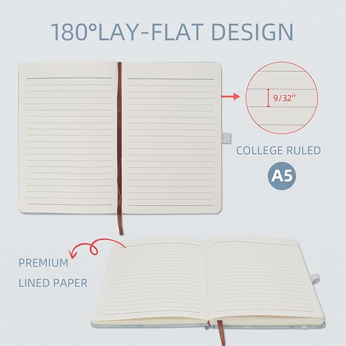 Lined Notebook Journal for Women Men 200 Pages A5 Hardcover Leather with Pen Holder College Ruled Journals for Work Note Taking Travel School (Lined, Sky Blue-B)