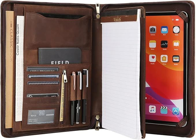 Leather Portfolio for 12.9 inch iPad Pro (2018/2020/2021/2022), Leather Portfolio with Ipad Holder for Letter Size Notepad, Personalized Padfolio for Men (Dark Khaki, Non-Custom)
