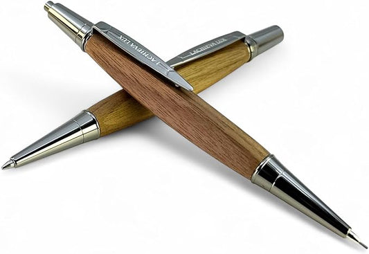 LACHIEVA LUX Walnut Wood Ballpoint Pen and Mechanical Pencil Set – Triangle Grip, Luxury Gift for Men and Women, Includes Refills and Gift Box