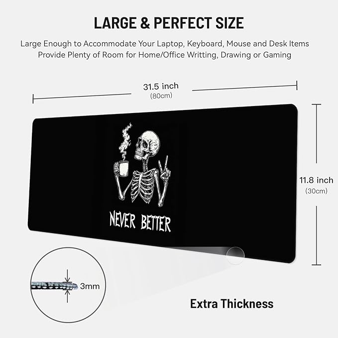Mousepad Desk Mat Gaming Large Keyboard Cute Office Desktop Computer Laptop XXL Long Big Kawaii Aesthetic Girly Pretty Design Women Girl Gamer Oversized Wide 30x12'' Mousepad, Skeleton Coffee