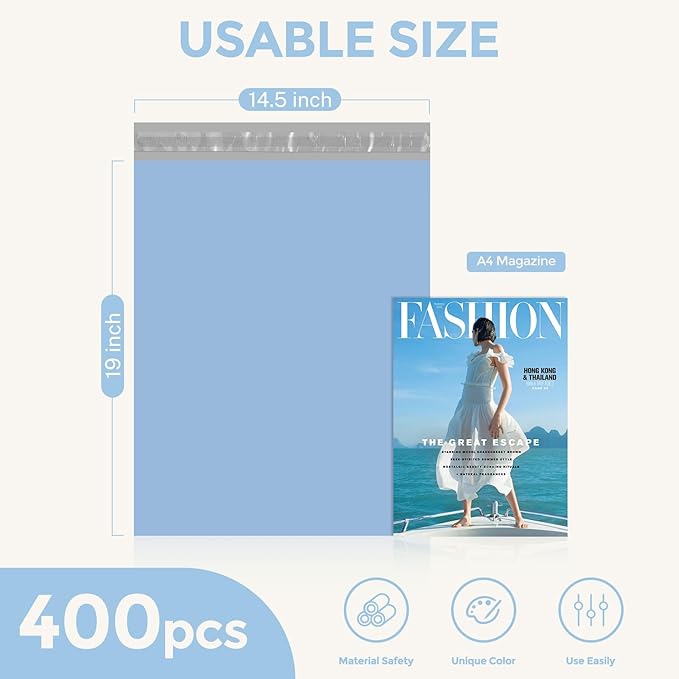 Metronic Poly Mailers 14.5x19 400pcs, Large Shipping Bags for Clothes Bulk, Self-Seal Mailers Poly Bags Shipping Envelopes for Small Business, Waterproof Packaging Mailing Bags, Light Blue