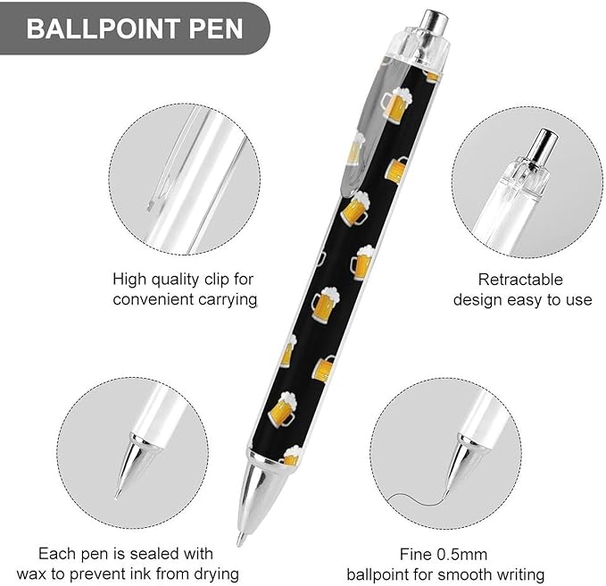 Cute Ballpoint Pens for Women, 0.5mm Refillable Black Ink Writing Pens with Comfortable Grip Beers Cartoon Pattern Yellow Black Ball Point Pen Writing Supplies 2 Pcs