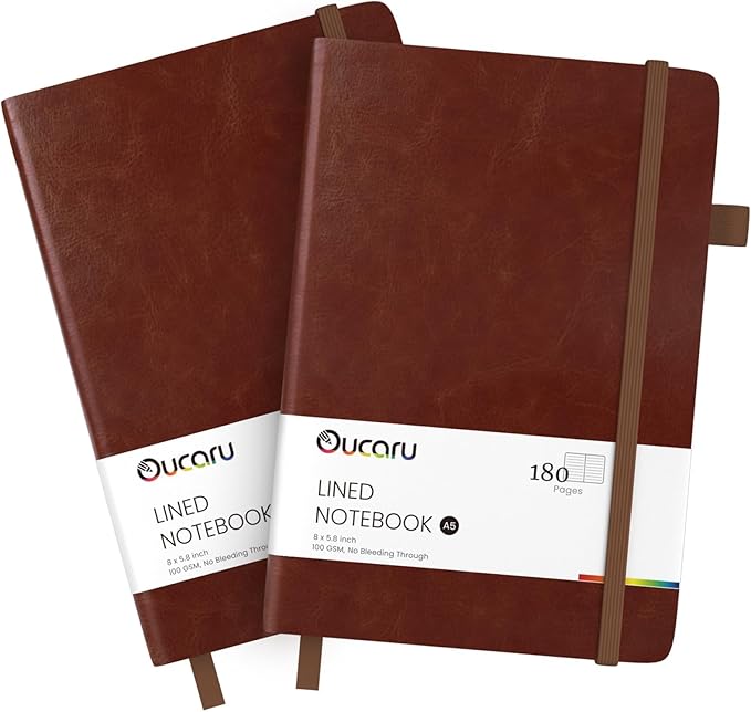 Oucaru Lined Journal Notebook, 2 Pack, 180 Pages, A5 Journals for Writing, 100 GSM Thick Paper, Small Notebooks Daily Journal for Women Men Work, Business, School, Travel Supplies
