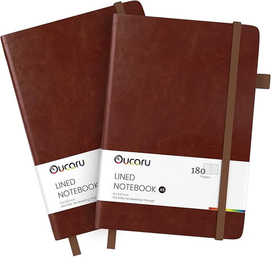 Oucaru Lined Journal Notebook, 2 Pack, 180 Pages, A5 Journals for Writing, 100 GSM Thick Paper, Small Notebooks Daily Journal for Women Men Work, Business, School, Travel Supplies