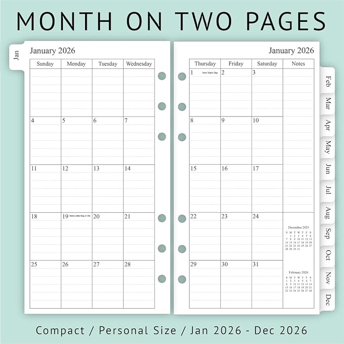 newestor 2026 Weekly & Monthly Planner Refill, 3-3/4" x 6-3/4", Jan 2026 - Dec 2026, Personal/Compact/Size 3