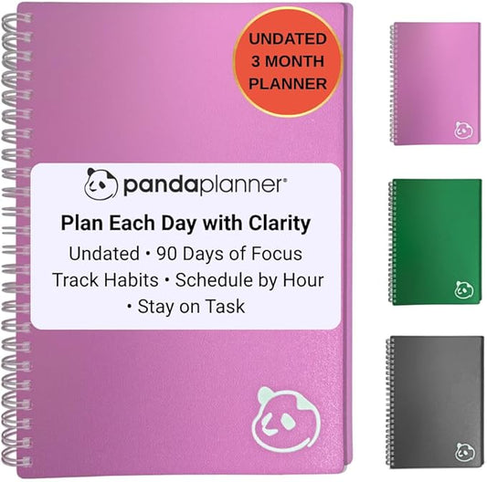 Panda Planner 2025-2026 Undated Daily Planner with Hourly Schedule 5.75" x 8.25" – 90 Days Daily Journal with Spiral Binding – To Do List Notebook with Habit Tracker for Home/Office Supplies – Pink