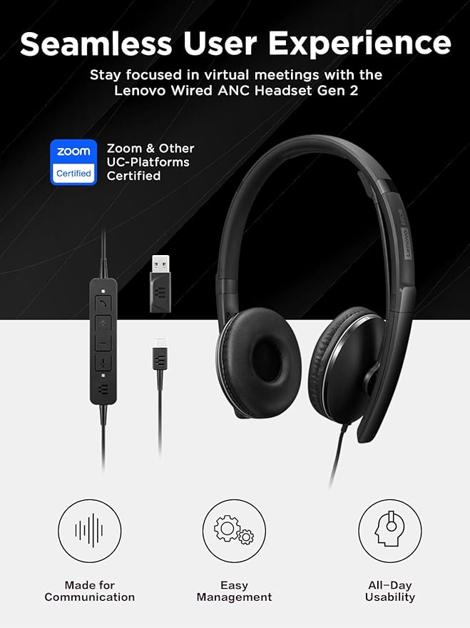 Lenovo Wired ANC Headset, USB-C and USB-A connectivity, Zoom Certified, Active Noise Cancellation, Hearing Protection, 145g Lightweight Comfortable Design, Replaceable Earcups, Business Headset