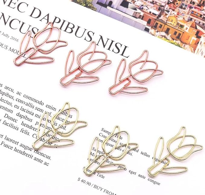 OWLFAVO 30pcs Tulip Flower Shape Paper Clips with Clear Box, Rose Gold and Yellow Gold, Funny Cute Paperclips Bookmarks Planner Clips for Fun Office Supplies School Gifts Wedding Decoration