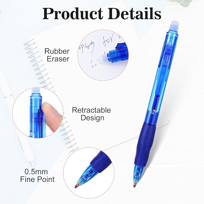12 Pack Erasable Ink Pens, 0.5mm Fine Point Click Retractable Pens for Writing Black & Blue Ink for Sudoku Crossword Puzzles Office School Supplies