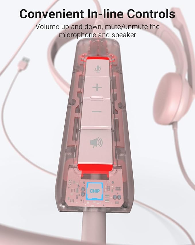 NUBWO HW02 USB Headset with Microphone Noise Cancelling &in-line Control, Ultra Comfort Computer Headphones for Laptop pc, On-Ear Wired Office Call Center Headset for Boom Skype Webinars (Pink)