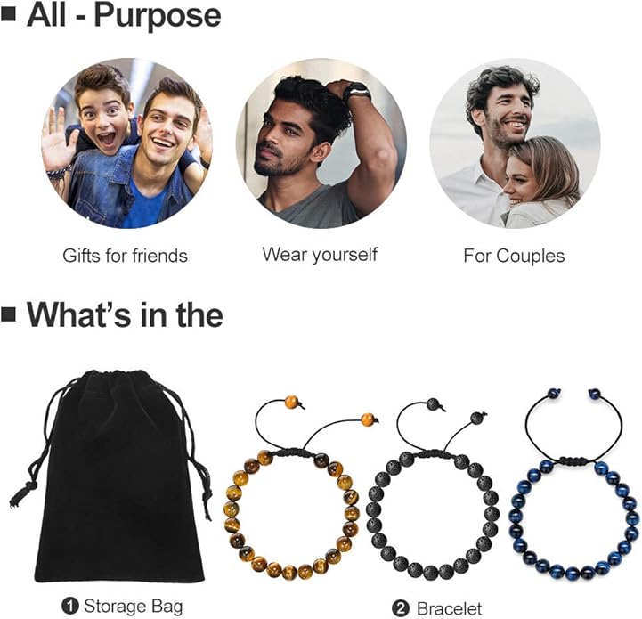 M MOOHAM Natural Stone Bracelets for Men - 8mm Tiger Eye | Matte Agate | Lava Rock Bracelets for Men Teen Boys Gifts Birthday Anniversary Christmas Gifts for Men Teens