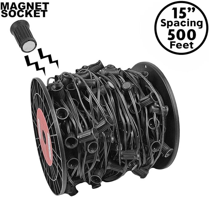 Novelty Lights C9 Light Spool, 500 Feet Magnetic Socketed Holiday Light String, Black Wire with 15 inch Spacing, E17 Sockets, for Indoor or Outdoor Steel Surfaces