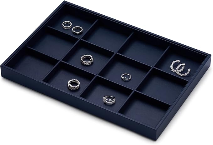 Oirlv Stackable Premium Leather Jewelry Trays 12 Grid Jewelry Drawer Organizer Trays Bracelet Earrings Watches Showcase Display Organizer