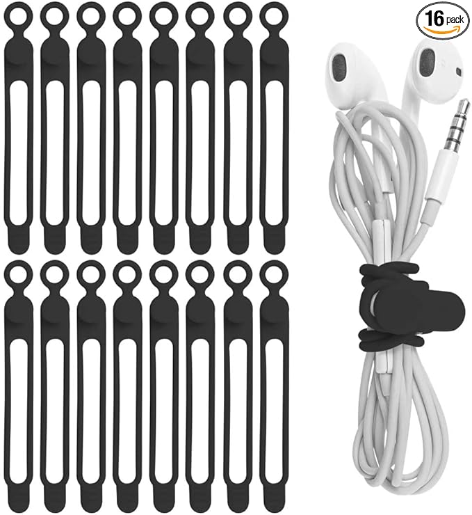 Nearockle 16Pcs Silicone Cable Straps Wire Organizer for Bundling Earphone, Phone Charger, Computer Cords, Reusable Cable Ties Cord Organizer in Home,Office,Kitchen,School(Black)