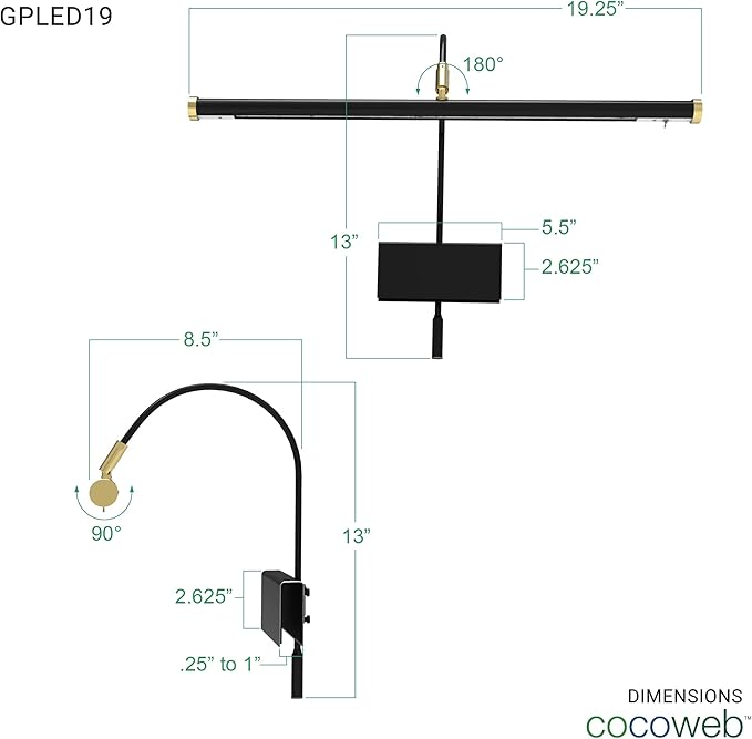 Cocoweb 19" Grand Piano Lamp - Adjustable, Black with Brass Accents, LED Clip-on with Dimmer - GPLED19D