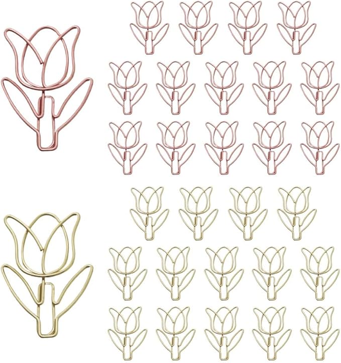 OWLFAVO 30pcs Tulip Flower Shape Paper Clips with Clear Box, Rose Gold and Yellow Gold, Funny Cute Paperclips Bookmarks Planner Clips for Fun Office Supplies School Gifts Wedding Decoration