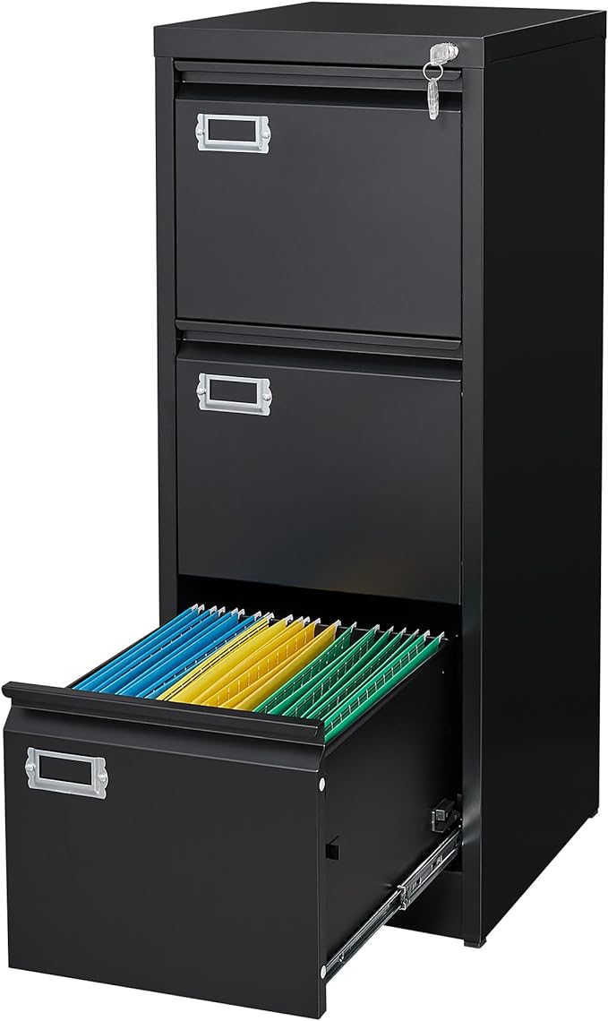 Letaya 3 Drawer File Cabinet with Lock,Metal Office Filing Cabinets for Home Office- Storage A4/F4/Letter/Legal -Assembly Required (Black)