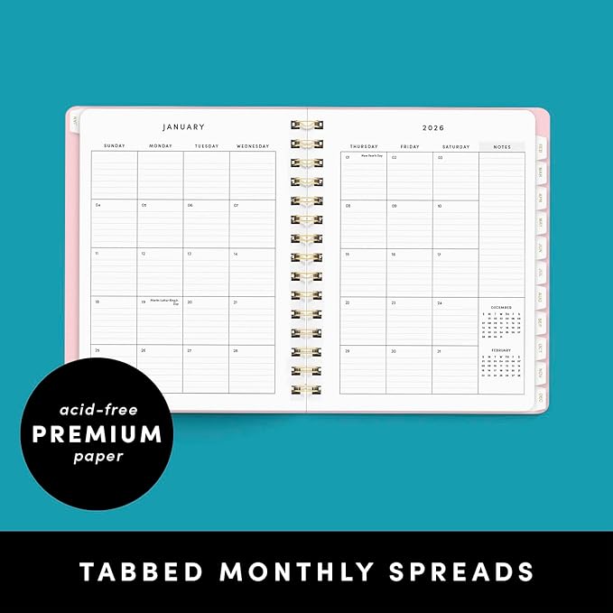 PAPERAGE 2026 Weekly & Monthly Planner, 12 Months (January 2026 - December 2026), 6.6 in x 8.1 in, Spiral Bound 2026 Planner with Weekly, Monthly & Yearly Views, Note Pages & Inner Pocket – Raspberry