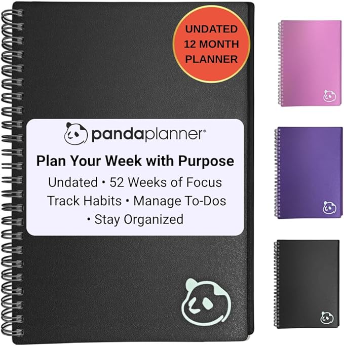 Panda Planner 2025-2026 Undated Weekly Planner – Spiral Bound 5.75" x 8.25" with 52 Weeks, Habit Tracker & Weekly To-Do Lists – Productivity Planner & Academic Organizer for Home, Office & School (Black)