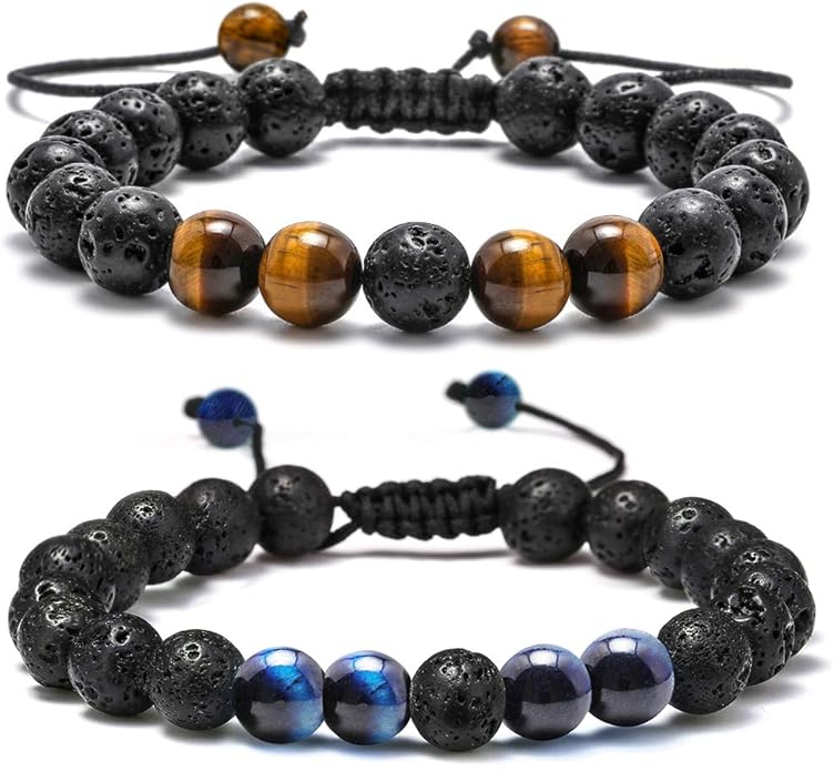 M MOOHAM Natural Stone Bracelets for Men - 8mm Tiger Eye | Matte Agate | Lava Rock Bracelets for Men Teen Boys Gifts Birthday Anniversary Christmas Gifts for Men Teens