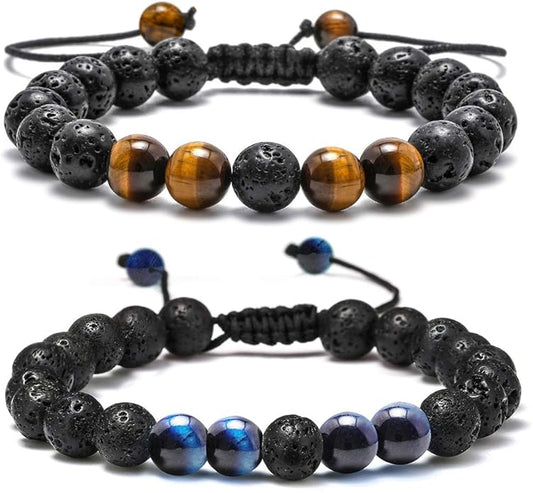 M MOOHAM Natural Stone Bracelets for Men - 8mm Tiger Eye | Matte Agate | Lava Rock Bracelets for Men Teen Boys Gifts Birthday Anniversary Christmas Gifts for Men Teens