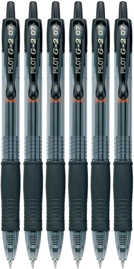 Pilot G2 Retractable Roller Ball Pens, Fine Point (.7mm), Black Ink 6-pk, Refillable & Comfort Grip Bundle
