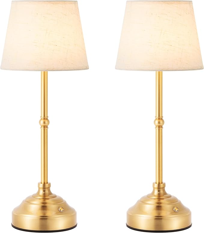 2 Pack Cordless Table Lamp, Rechargeable Desk Lamp with Fabric Shade, Battery Operated Lamp 3 Color Stepless Dimming, Small Touch Bedside Lamp Home Decor for Dining, Counter (Brushed Gold)