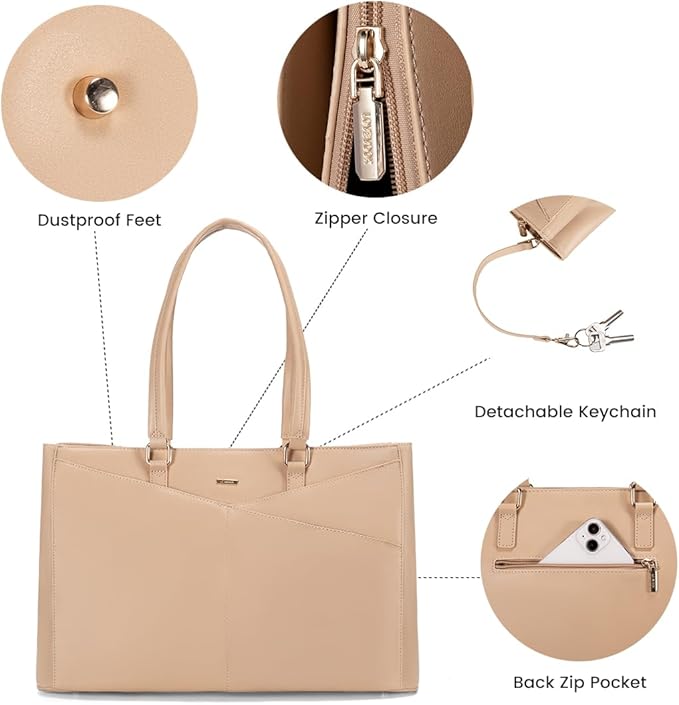 LOVEVOOK Laptop Bag for Women 15.6 Inch Tote Bags Waterproof Leather Briefcase Computer Women Business Office Work Bag,Light Khaki
