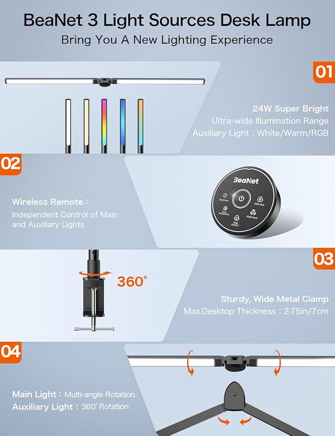 LED Desk Lamp with Clamp,Architect Desk Lamp for Home Office,24W Ultra Bright with RGB Atmosphere Lighting,Remote Control,5 Color Modes & 5 Dimmable Eye Protection for Monitor Studio Reading