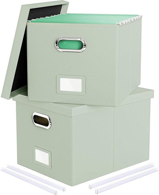 Oterri 2 Pack File Storage Organizer Box,Filing Box,Portable File Box with Lid,Fit for Letter/Legal File Folder Storage, Grey-green(Leather)-Box only