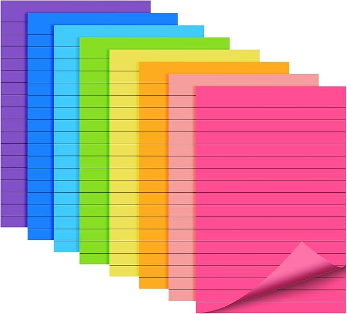 Lined Sticky Notes 4x6, 8 Pads, Sticky Notes with Lines Self-Stick Note Pads, Large Sticky Notes 8 Bright Colours, Perfect for Office Home School Desk Accessories, 40 Sheets/pad