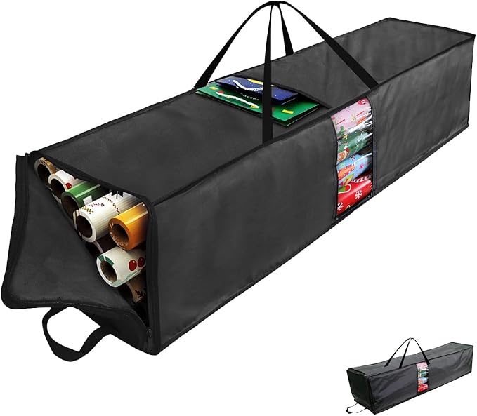 Newbob Wrapping Paper Storage Bag, 41" Gift Wrapping Organizer Storage for Paper Rolls up to 30 Rolls, Heavy Duty Waterproof Gift Wrap Container with PVC & Side Pocket & Handles & Zipper