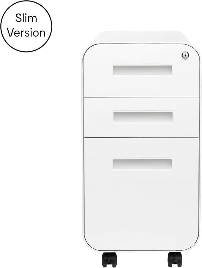 Laura Davidson Furniture Stockpile Slim 3-Drawer Mobile File Cabinet with Lock - Under Desk Metal Filing Cabinet, Legal/Letter File Folders, Wheels and Stationary Feet, Pre-Assembled, White