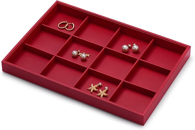 Oirlv Gorgeous Red Leather Jewelry Tray 12 Grid Jewelry Drawer Organizer Bracelet Earrings Watches Storage