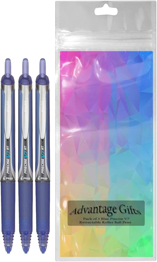 Precise V7 RT Retractable Rolling Ball Pens, Fine Point (.7mm), Blue Ink, 3-pk; Premium Comfort Grip, Bundle with Plastic Reusable Pouch