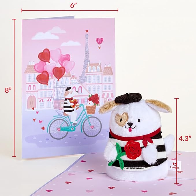 Lovepop Plushpop Soft Animal Pop-Up Card for Her and Him - 3D Greeting Card for Boys, Girls, Men, Women - French Love Dog - 6" x 8" Card