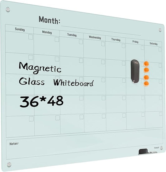 Magnetic Glass Dry Erase Board Calendar- White Board 48 x 36 Inch Wall Mounted Monthly Whiteboard, Large Frameless Glass White Board for Wall Office, Home & School