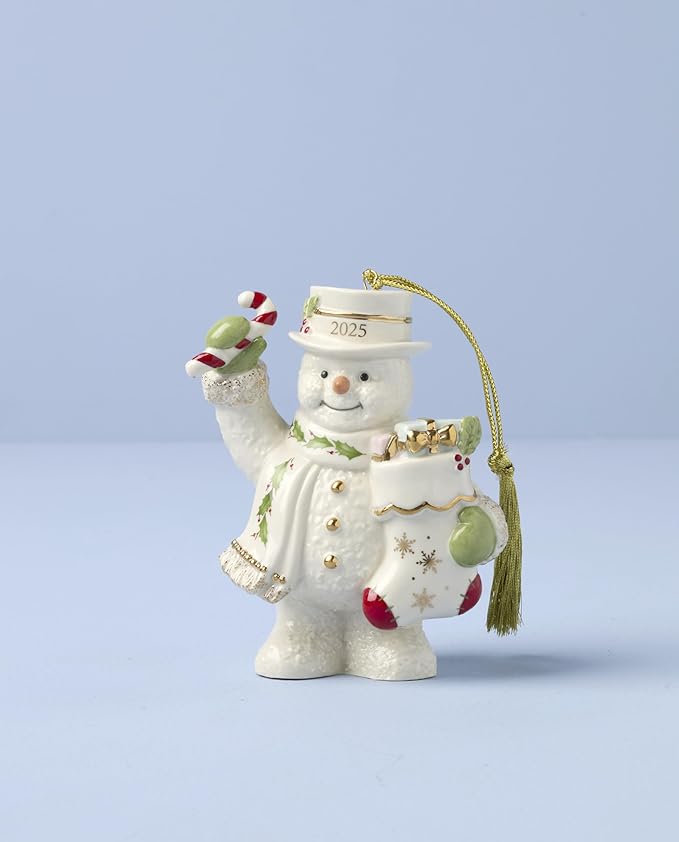Lenox Ornament, 2025 Snowman with Stocking Christmas Ornament, Made from Porcelain Featuring Gold Accents and Hanging Cord, Snowman with Stocking Design, Christmas Tree Decorations (White, 1 Piece)