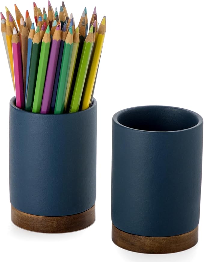 Pen Holder for Desk, Ceramic Pencil Organizer & Makeup Brush Holder, Office Decor and Desk Accessories，Perfect Office Organization,Teacher Supplies(Royal Blue, Set / 2)