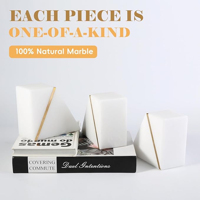 Natural Marble Bookends for Shelves, Decorative Book Ends for Heavy Books, Heavy Duty Mid Century Modern White and Gold Stone Book Holders with Brass Inlay, Unique Bookshelf Stopper Decor, Set of 2